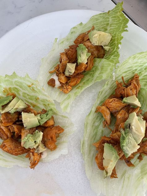 Buffalo Chicken Lettuce Wraps – Katie Austin Buffalo Chicken Lettuce Boats, Chicken Lettuce Boats, Lettuce Boat, Buffalo Chicken Lettuce Wraps, Katie Austin, Buffalo Chicken Wraps, Olive Oil Garlic, Pan Fry, Chicken Lettuce Wraps