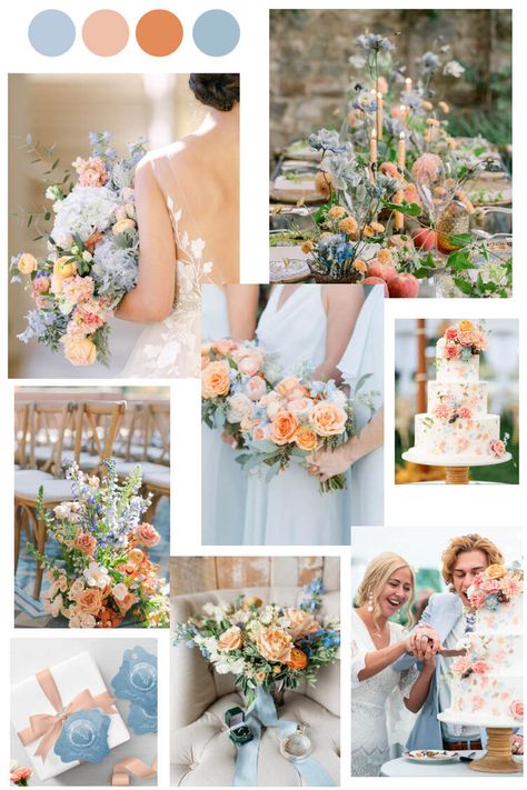 Orange And Blue Wedding, Blue Wedding Colour Theme, Blue Wedding Color Palette, Blue Orange Weddings, Peach Wedding Theme, Peach Wedding Colors, Wedding Color Schemes Summer, Wedding Color Schemes Blue, Pastel Wedding Theme