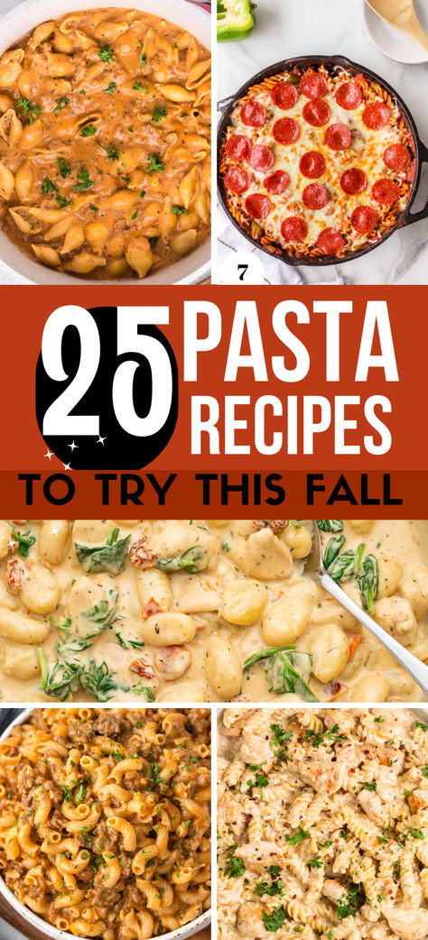 Pasta dinner recipes phot collage with text overlay. Pasta Dish For Thanksgiving, Comforting Pasta Dishes, Pasta For Dinner Party, Pasta Sauce Dinner Ideas, Pasta Recipe For A Crowd, Comfort Food Pasta, Pasta Dish Recipes, Easy Fall Pasta Recipes, Cheesy Spaghetti Recipes