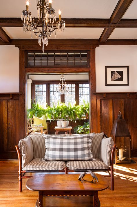 How to Open Up a Small Congested Space Transitional Coffered Ceiling, Wood Coffered Ceiling, Wood Paneling Living Room, Wainscoting Living Room, Wainscoting Wall, Wood Wainscoting, Mahogany Paneling, Interior Design Principles, Craftsman Interior