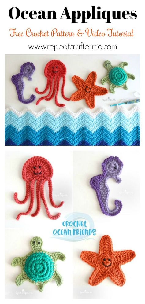 Ocean Starfish Jellyfish Turtle Seahorse Applique Free Crochet Pattern and Video Tutorial Crochet Flat Turtle Pattern Free, Nautical Crochet Patterns Free, Sea Applique, Beach Applique, Nautical Crochet, Turtle Blanket, Bernat Super Value Yarn, Crochet Sea Creatures, Ocean Starfish