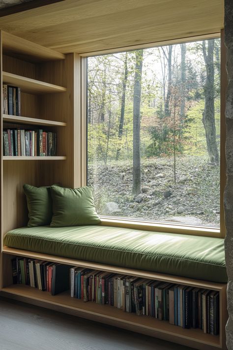 61 Minimalist Tiny House Window Seats: Streamlined Nooks with a View - TastyInteriors Window Seat Between Closets, Glass Window Seat, Window Seat Extension, Tiny House Reading Nook, Window Bench Seat Diy, Window Bench Seat Living Room, Bookcase Under Window, Low Window Seat, Window With Bench