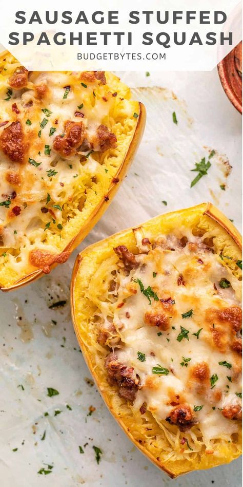 Sausage Stuffed Spaghetti Squash Sausage Stuffed Spaghetti Squash, Italian Sausage Spaghetti, Sausage And Spaghetti Squash, Spaghetti Squash Recipes Easy, Stuffed Spaghetti Squash, Stuffed Squash, Sausage Spaghetti, Baked Spaghetti Squash, Italian Sausage Recipes