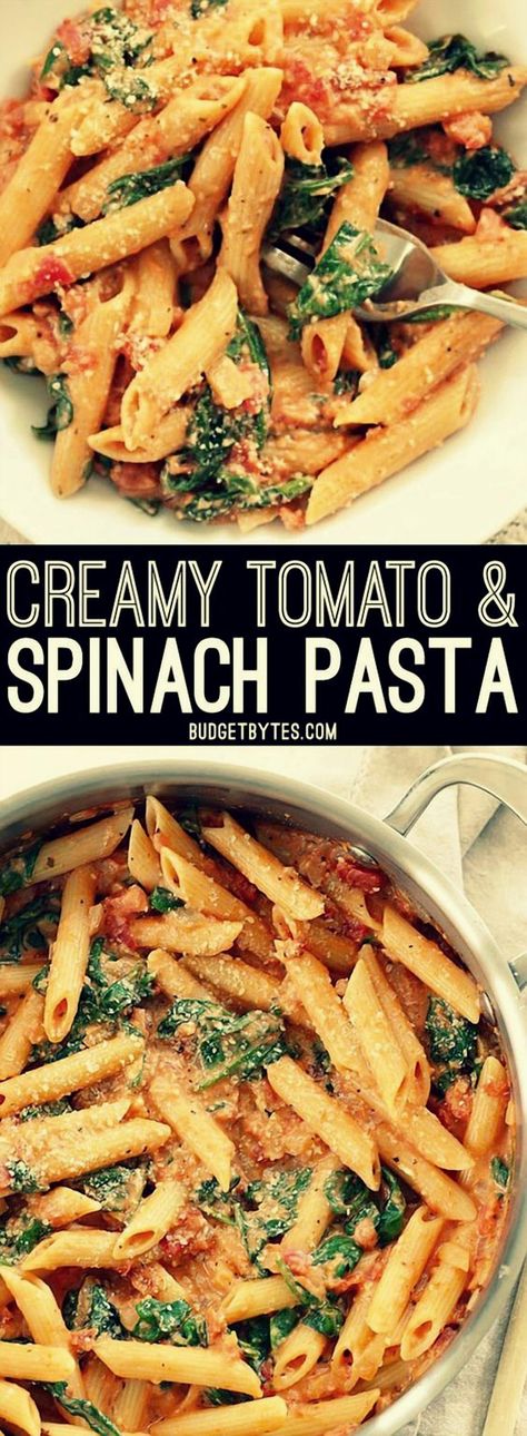 Creamy Tomato and Spinach Pasta - When you're in need of a quick and delicious meal, this creamy tomato and spinach pasta is your go-to. With just a handful of ingredients, it comes together in no time. A hint of cream cheese and Parmesan transforms a simple tomato sauce into a rich, creamy delight. Perfect for busy nights! #pasta #tomato #spinach via: @budgetbytes Chicken Pasta Healthy, Tortilla Snacks, Tortilla Bites, Pasta Recipes Shrimp, Recipes Shrimp Pasta, Cream Cheese Tortilla, Healthy Homemade Dinner, Yogurt Pasta, Tomato Spinach Pasta