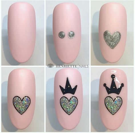 me encanta❤💔 Crown Nails Design, Step By Step Nail Art For Beginners, Hand Painted Nail Designs, Crown Nail Art, Crown Nails, Nailart Tutorial, Valentine Nail Art, Nail Drawing, Nail Art For Beginners