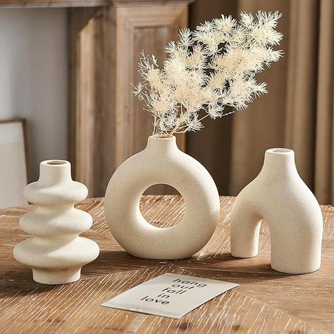 Amazon.com: White Ceramic Vase Set of 3, Modern Boho Vases for Home Decor, Small Flower Vases for Pampas Grass, Round White Vases Centerpieces for Wedding Coffee Table Shelf Living Room Bedroom Entryway : Home & Kitchen White Vase Centerpiece, Boho Vases, Cream And White Bedroom, Wedding Bedroom, Boho Vase, Minimalist Living Room Decor, Coffee Wedding, Geometric Vases, White Ceramic Vases