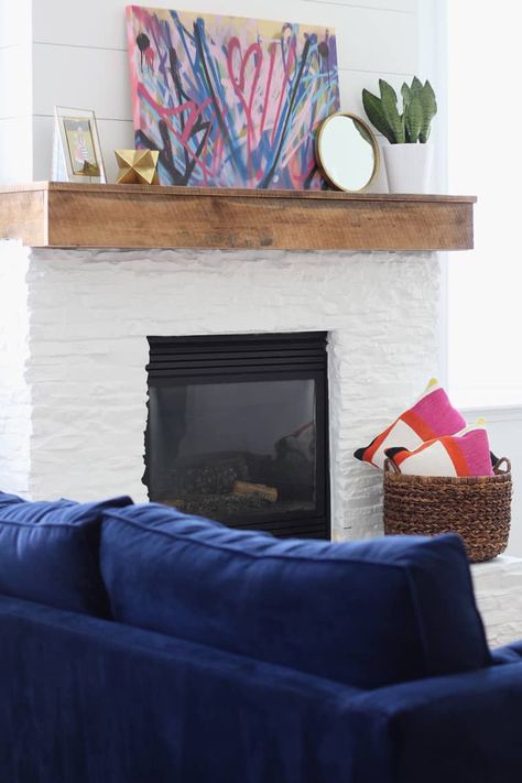 To Paint Or Not To Paint? Stone Tile Fireplace + More Stone Tile Fireplace, Mantel Makeover, All White Room, Wood Mantle, Rustic Mantel, Paint Fireplace, Shiplap Fireplace, Painted Stone, Fireplace Makeover