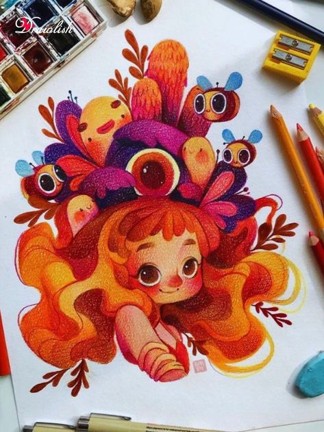 Coloring Pencils | Colorful Cartoon Illustration from Instagram | Sketching | Drawlish Art Supplies Kunstjournal Inspiration, Pink Artwork, Coloring Pencils, Color Pencil Illustration, 동화 삽화, Illustration Art Kids, Posca Art, Illustration Procreate, Book Illustration Art