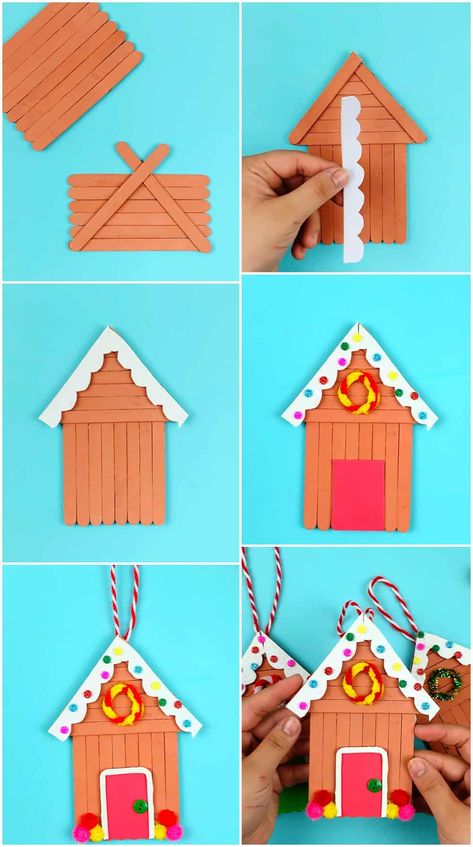 House From Popsicle Sticks, Holiday Crafts For Adults Diy Projects, Popsicle Stick Gingerbread House Ornament, Popsicle Stick Christmas Village, Popsicle Stick Art Christmas, Popsicle Stick Cabin, Popsicle Stick Winter Crafts, Popsicle Gingerbread House, Crafts With Popsicle Sticks For Adults