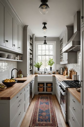 Small galley kitchen design inspiration! Boost functionality and style with these 20 clever ideas, from sleek cabinetry to clever storage solutions. Get ready to transform your compact cooking space - click to explore now! Tiny Loft Kitchen, English Galley Kitchen, Kitchen Layout Double Galley, Small U Kitchen, Medium Kitchen Ideas, Long Kitchen Ideas, Galley Kitchen Cabinets, Small Galley Kitchen Ideas, Galley Kitchen Design Ideas