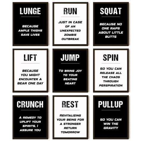 PRICES MAY VARY. Energize Your Home Gym: Elevate your home gym wall decor with funny gym decor for home gym that combines inspiration and humor, featuring workout posters for home gym. Complete Set: This gym wall art package includes 9 vibrant 8x10 inch quotes prints, perfect for men room decor, garage gym decorations, boxing accessories or any fitness space. Perfect Gift for Fitness Enthusiasts: Not just a decoration, these gym inspirational posters make a thoughtful present for anyone seeking Home Gym Wall Decor, Men Room, Morning Workout Motivation, Workout Quote, Boxing Accessories, Fitness Space, Hiit Workout Routine, Quotes Prints, Gym Wall Decor