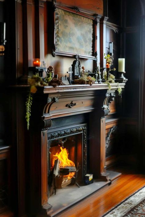 Ornate Fireplace Mantle, Victorian Mantle, Gothic Fireplace, Halloween Mantel Decor, Black Candlesticks, Antique Fireplace Mantels, Haunted Graveyard, Mantel Decor Ideas, Black Cat Silhouette