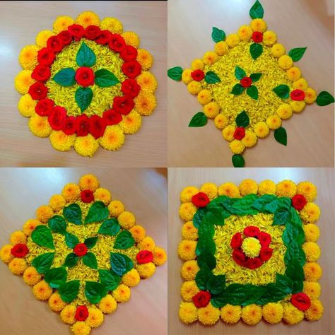 Flower Rangoli Designs Creativity, Thulasi Plant Decoration, Welcome Rangoli, Flower Rangoli Designs, Poo Kolam, Simple Flower Rangoli, Pooja Decoration, Rangoli Designs Simple Diwali, Diy Floral Decor