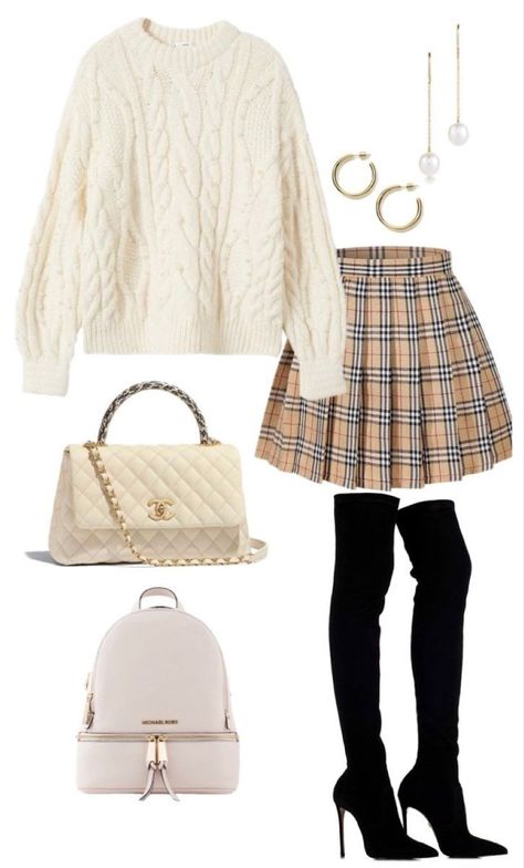 Plaid Beige Skirt Outfit, Beige Plaid Skirt Outfit, White Knitted Sweater Outfit, White Plaid Skirt Outfit, Beige Pleated Skirt Outfit, Plaid Sweater Outfit, White Knit Sweater Outfit, Outfits With Thigh High Boots, White Pleated Skirt Outfit