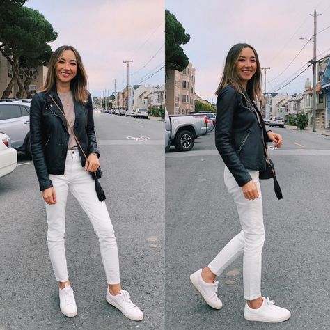 12 Ways to Style Your White Jeans - LIFE WITH JAZZ Madewell Leather Jacket, Life With Jazz, Wardrobe Plan, York Outfits, Night Fits, Jeans Outfit Ideas, Dress Tips, Most Comfortable Jeans, Black Leather Moto Jacket