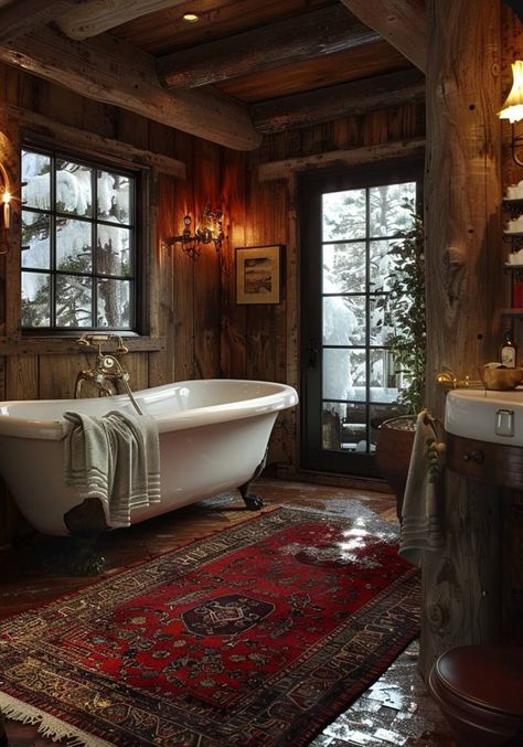 Log Cabin Homes Interior Bathroom, Log Cabin Bathroom Ideas, Cabin Bathroom Ideas, Log Cabin Bathroom, Copper Fixtures, Cabin Homes Interior, Tennessee Cabins, Dark Bathroom Ideas, Cabin Bathroom