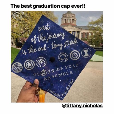 Marvel Senior Parking Spot, Grad Cap Ideas Marvel, Marvel Graduation Party, Supernatural Graduation Cap, Marvel Grad Cap, Marvel Graduation Cap Ideas, Grad Hats, Funny Graduation Caps, College Grad Cap Ideas