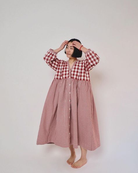 Women’s Dress Patterns, Zero Waste Pattern, Gather Dress, Check Curtains, Checked Dress, Gathered Dress, Check Dress, Gingham Dress, Vintage Wear