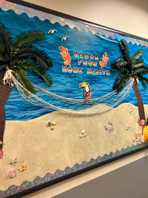 Beach island vibe summer bulletin board!  Aloha 🏝☀️ Caribbean Classroom Theme, Beach School Decorations, Beach School Theme, Beach Display Classroom, Palm Tree Bulletin Board, Hawaiian Bulletin Board Ideas, Beach Bulletin Board Ideas, Ocean Book Fair Theme, Tropical Beach Classroom Theme