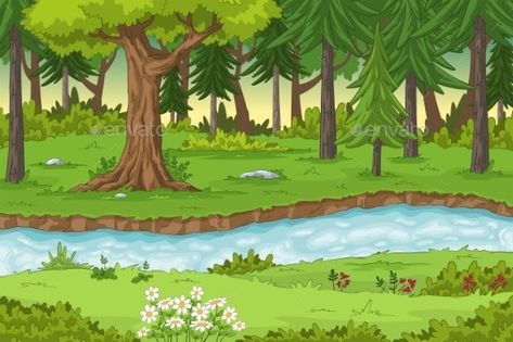 Cartoon Forest Landscape #AD #Cartoon, #Ad, #Forest, #Landscape Woods Drawing, River Drawing, Cartoon Forest, Forest Vector, Forest Cartoon, Forest Drawing, Wallpaper Landscape, Kids Illustration, School Painting