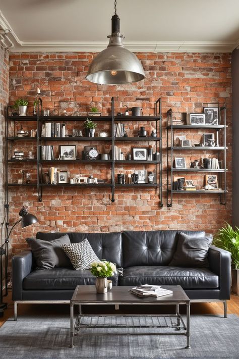 20 Black And Silver Living Room – The Crafty Hacks Black And Silver Living Room, Industrial Living Room Ideas, Rustic Industrial Living Room, Brick Wall Living Room, Brick Wall Decor, Industrial Living Room Design, Industrial Style Living Room, Brick Living Room, Industrial Living Room