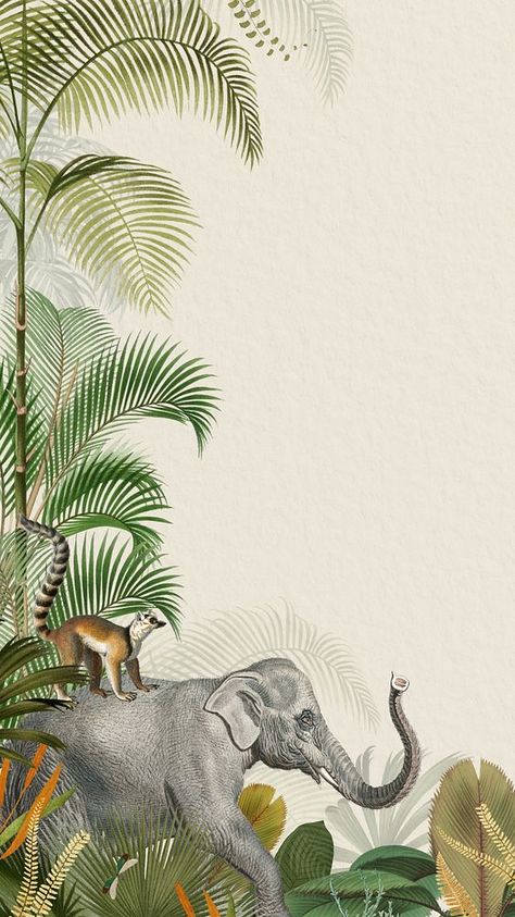 Vintage jungle elephant phone wallpaper, wild animal background | premium image by rawpixel.com / ton Elephant Phone Wallpaper, Peacock Background, Jungle Elephant, Minimalist Wallpaper Phone, Wallpaper Botanical, Elephant Wallpaper, Border Background, Lotus Flower Art, Digital Invitations Wedding