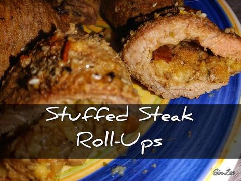 Stuffed steak roll-ups Stuffed Rolled Steak, Rolled Stuffed Steak Recipes, Beef Rollups With Stuffing, Stuffed Cube Steak Recipes, Round Steak Roll Up Recipes, Beef Roll Ups With Stuffing, Stuffed Cube Steak, Steak Rolls Stuffed, Stuffed Steak Rolls