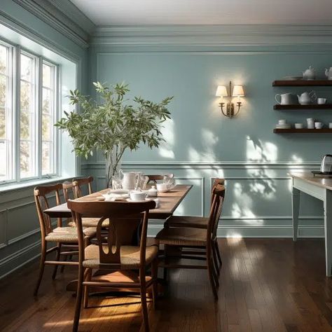 Understading Paint sheens Chair Rail Two Tone Paint, Chair Rail Dining Room, Dining Room Chair Rail, Room With Chair, Blue Dining Room Walls, Two Tone Paint, Dining Room Paint, Dining Room Blue, Paint Sheen