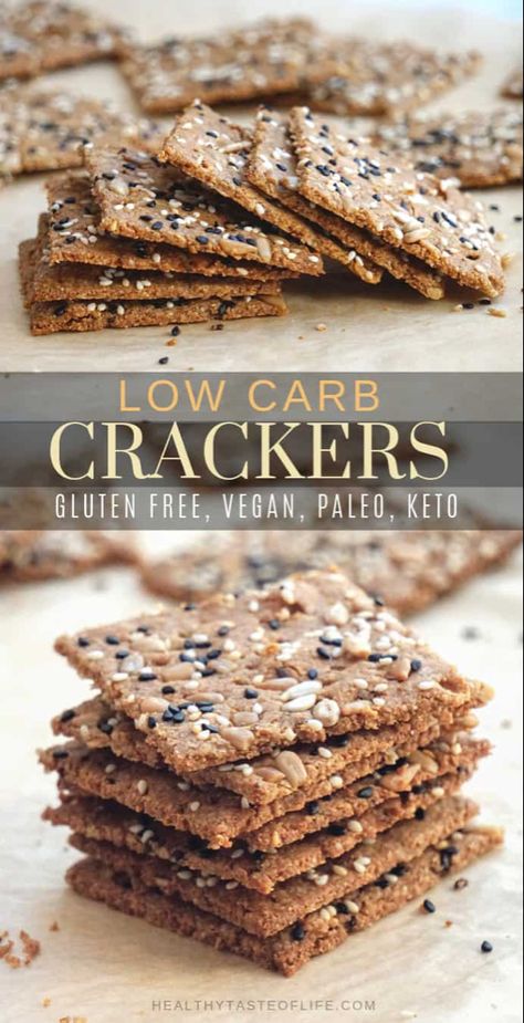 Crispy homemade low carb keto seed crackers recipe that's also dairy free, gluten free, grain free, nut free, paleo and vegan. Made with flax seeds, sunflower seeds, sesame seeds and a few other healthy ingredients. A low carb keto snack great for anyone who is following a dairy free, vegan keto diet. Low Carb Crackers Recipes, Nut Free Paleo, Seed Crackers Recipe, Dairy Free Keto, Glutenfri Baking, Healthy Crackers, Vegan Keto Diet, Low Carb Crackers, Crackers Recipe