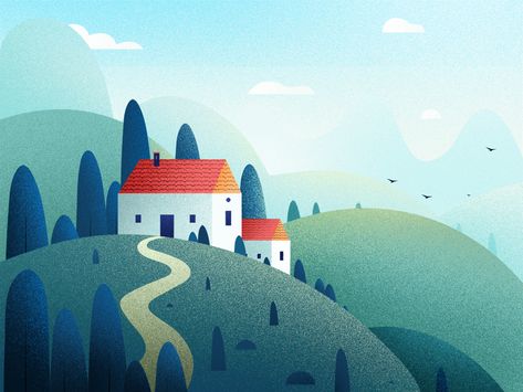 Mountain House skey birds cloud 🌳. design green blue winter road hill meadow house art nature illustrations light landscape tree illustration Illustration Moodboard, Motivation Illustration, Designer Portfolio, Bg Design, House In Nature, House Illustration, Tree Illustration, Landscape Illustration, A Hill