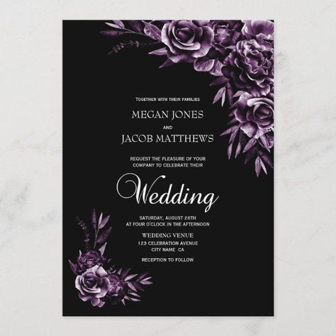 Purple Black Wedding, Dark Purple Wedding, Purple Floral Wedding, Plum Wedding, Purple Wedding Theme, Invite Ideas, Wedding Invitation Size, Purple Wedding Invitations, Lilac Wedding