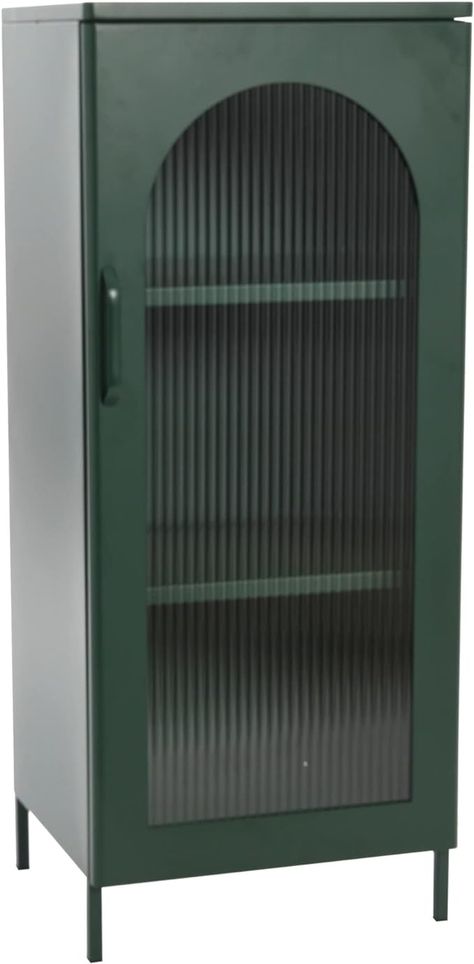 Amazon.com: Creative Co-Op Solstice Metal Cabinet with Arched Glass Door, Dark Green Green Shelves, Green Everything, Storage Furniture Living Room, Glass Panel Door, Unique Interior Design, Metal Cabinet, Mounted Shelves, Creative Co Op, Accent Doors