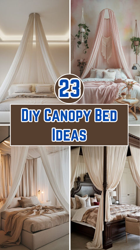 Image showcasing a DIY canopy bed with sheer white curtains draped over a simple wooden frame. Ceiling Canopy For Bed, Bed With Hanging Canopy, Canopy For Bed Diy, Bedroom Ceiling Drapery Ideas, French Style Canopy Bed, Diy Bed Curtains Canopies, Boho Bed Canopy Diy, Diy Bed Canopy Aesthetic, Diy Canopy Over Bed