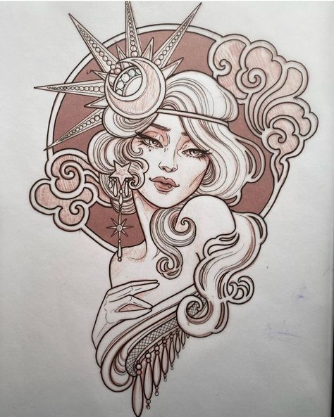 Tattoo Woman Face, Traditional Tattoo Girls, Neo Traditional Art, Moon Lady, Traditional Tattoo Woman, Art Nouveau Tattoo, Face Tattoos For Women, Neo Tattoo, 16 Tattoo