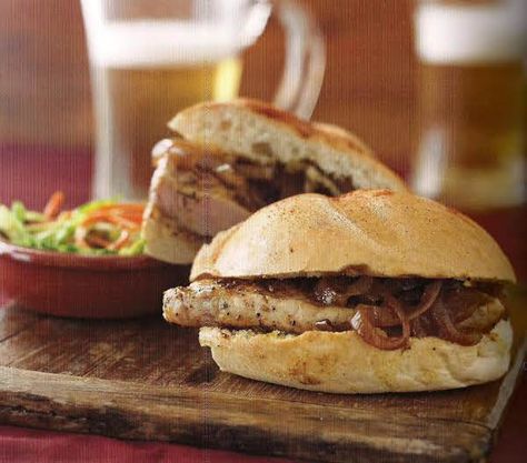 Pork Chop Sandwich With Grilled Vidalia Onions Recipe | Just A Pinch Pork Chop Sandwich, Chop Sandwich, Vidalia Onion Recipes, Pork Chop Sandwiches, Pork Meals, Sandwich Wraps Recipes, Chef Boyardee, Sandwhich Recipes, Appetizer Sandwiches