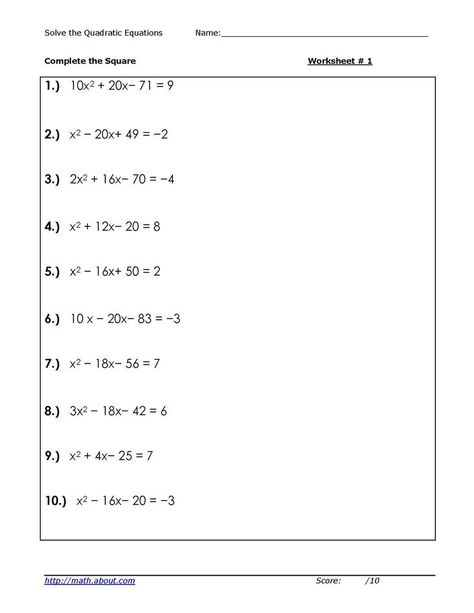 4 Worksheets for Solving Quadratic Equations: Solve the Quadratic Equations by Completing the Square: Worksheet 1 Factoring Quadratics, Factoring Polynomials, Completing The Square, Quadratic Equations, Solving Quadratic Equations, Quadratic Formula, Quadratic Functions, Systems Of Equations, Algebra Worksheets