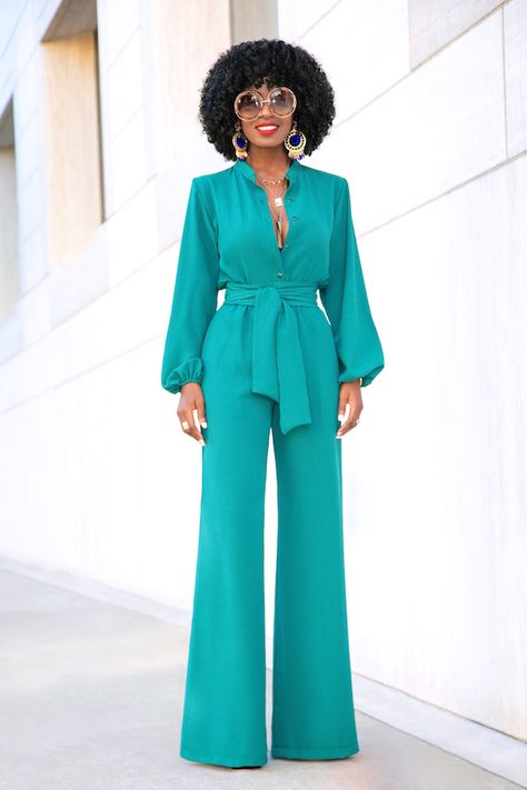 Jumpsuit Cardigan Outfit, Modest Jumpsuit, Flowy Bell Sleeve Elegant Blouse, Elegant Flowy Bell Sleeve Blouse, Chic Spring Jumpsuits With 3/4 Sleeves, Cheap Wide-leg Denim Jumpsuit For Women, Elegant Solid Color Button-up Jumpsuit, Wide Leg Jumpsuit Outfit, Turquoise Jumpsuit