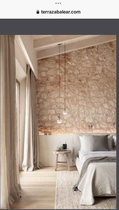 Stone Walls Bedroom, Stone Headboard Wall, Sicily House Interior Design, Mallorca Bedroom, Stone Wall Bedroom, Stone Veneer Interior, Stone Bedroom, Wallpaper Decor Ideas, Wallpaper Design Ideas