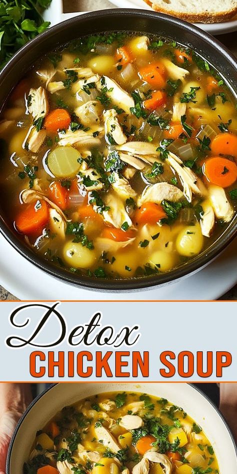 🥣 Nourish your body with this detox chicken soup! Packed with fresh veggies, lean protein, and anti-inflammatory spices for a healthy reset. 🥦🍋 #DetoxSoup #CleanEating Nutrient Dense Chicken Soup, Medicinal Soup Recipes, Immunity Chicken Soup, Detox Chicken Soup Recipe, Chicken Detox Soup Recipe, Stomach Bug Soup, Detox Soups For Inflammation, Healthy Broth Soups, Cleanse Soup Recipe