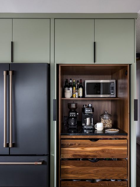 Hidden Pantry Beside Fridge, Fridge Cabinet Surround Pantry, Hidden Microwave And Coffee Station, Kitchen Hidden Refrigerator, Hidden Kitchen Ideas, Kitchen Interior Hidden Pantry, Refrigerator Hidden In Cabinet, Stove Next To Fridge, Toaster Station