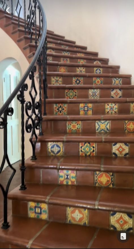 Mexican Stairs, Mexican Tile Stairs, Colonial Interiors, Colonial Interior, House Vibes, Tile Stairs, Floor Ideas, Mexican Tile, Spanish Style Homes