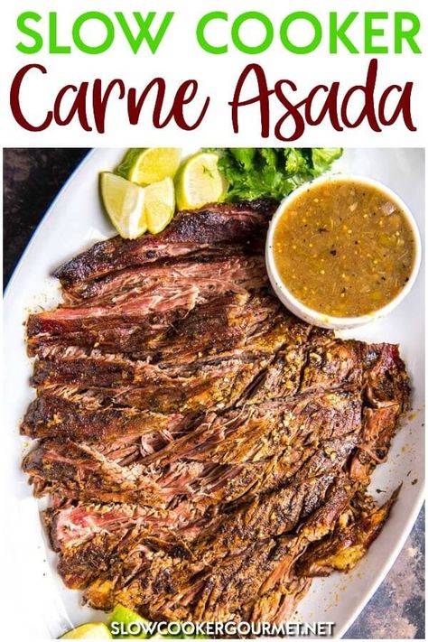 Flank Steak Slow Cooker Recipes, Carne Asada Recipes Crockpot, Carne Asada Slow Cooker, Slow Cooker Carne Asada, Homemade Steak Marinade, Carne Asada Recipes, Delicious Tacos, Carne Asada Tacos, Easy Guacamole