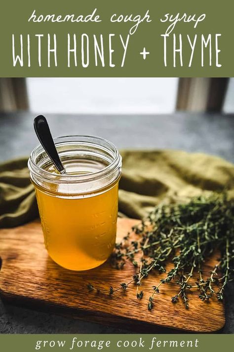 Explore the soothing benefits of Herbal Cough Syrup with Honey, Lemon, & Thyme. It's one of the easiest herbal syrups to make. This natural remedy combines honey's healing properties, lemon's refreshing zest, and thyme's therapeutic qualities. Ideal for treating cold symptoms with a homemade approach. Learn more about herbalism for beginners, natural remedies, and herbs for health at growforagecookferment.com. Herbal Syrups, Raw Honey Recipes, Herbal Cough Syrup, Cough Syrup Recipe, Homemade Medicine, Homemade Cough Syrup, Best Cough Remedy, Homemade Cough Remedies, Herbal Remedies Recipes