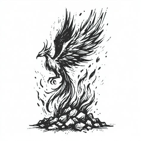 Phoenix Tattoo Design Ideas for a Bold Look Phoenix Rising From Ashes Drawing, Phoenix Out Of The Ashes Tattoo, Phoenix Ashes Tattoo, Phoenix Rebirth Tattoo, Rising Phoenix Tattoo Men, Rebirth Tattoo Symbols, Phoenix Rising From Ashes Tattoo, Pile Of Ashes, Phoenix Rising From Ashes