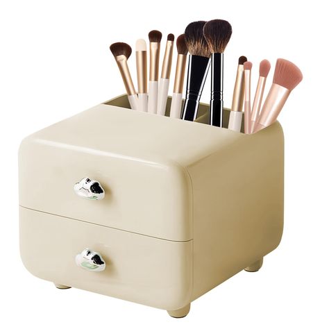 PRICES MAY VARY. 1. Makeup Brush Holder with 2 Drawers: This dust-proof, two-layer storage box doubles as a makeup brush holder. It keeps your beauty products organized and dust-free, is perfect for storing makeup brushes, perfume, jewelry and nail polish. 2. Elegant Design: This makeup organizer with a practical drawer was designed for women and is a must-have for any stylish and organized person. This multifunctional makeup storage organizer fits on any desk or bathroom countertop, and its ele Drawers Plastic, Storing Makeup Brushes, Organized Person, Storing Makeup, Bathroom Organizers, Funky Makeup, Perfume Jewelry, Makeup Storage Organization, Makeup Holder