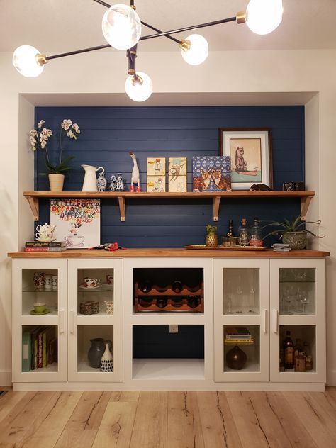 Use IKEA brimnes units to create a custom home bar Diy Home Bar Ideas, Basement Bar Ideas On A Budget, Bar Made From Pallets, Dry Bar Ideas, Home Bar Ideas, Ikea Bar, Basement Bar Ideas, Home Bar Areas, Birch Cabinets