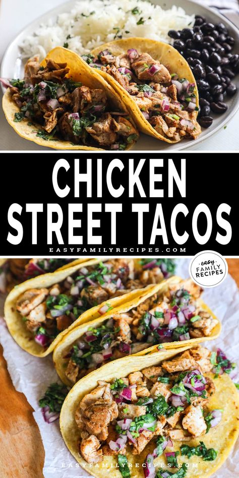 These street chicken tacos are a FAVORITE and they’ll be one of yours too! A zippy lime marinade makes the chicken thigh taco filling extra juicy and flavorful, while a simple homemade salsa topping is the perfect finishing touch. Add warm corn tortillas and you’ve got a winning weeknight dinner that the whole family will love! Street Chicken Tacos, Easy Street Tacos, Street Tacos Chicken, Tacos At Home, Chicken Street Tacos, Street Chicken, Lime Marinade, Street Taco Recipe, Taco Filling