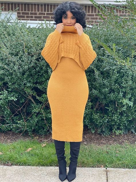 Womens Dresses Church, Sweater Dress With, Styling A Brown Dress, Casual Church Dress, Cute Sweater Dress Outfits, Winter Dress Outfit With Boots, Turtleneck With Dress Outfit, Modest Winter Dress Outfit, Dress More Feminine Casual