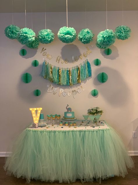 Custom party ideas Mint Green Birthday Theme, Mint Green Black And Gold Party, Custom Party Ideas, Mint Green Decorations Party, Royal Blue Decorations, Mint Green Baby Shower Ideas, Mint Green Birthday Decorations, Decorations For Baby Shower, Blue Decorations