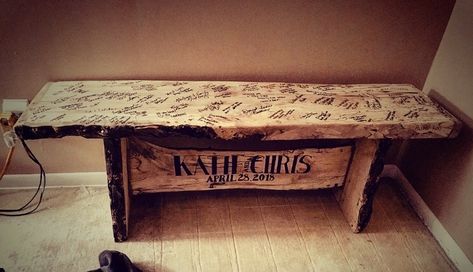 Our wedding guest book bench Guest Book Bench Wedding, Guest Bench Wedding Sign, Wedding Guest Bench To Sign, Western Wedding Sign In Book, Cow Skull Wedding Guest Book, Western Guest Book Ideas For Wedding, Western Guest Book Ideas, Fall Wedding Guest Book Ideas, Diy Wedding Benches